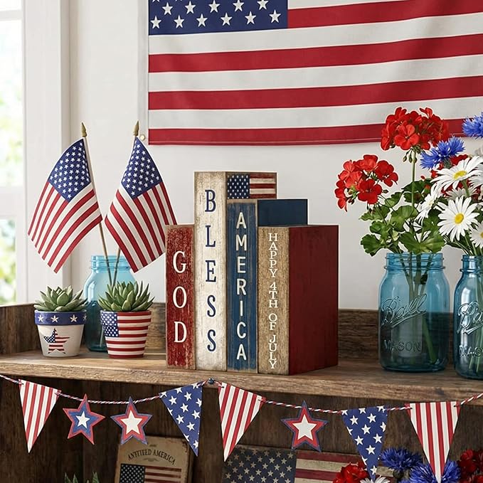 Lineshading 4 Pcs Patriotic Table Decorations Glod Bless American 4th of July Tiered Tray Decor 250th Anniversary Wooden Book Red White and Blue Memorial Day Centerpiece Decorations for Home Shelf