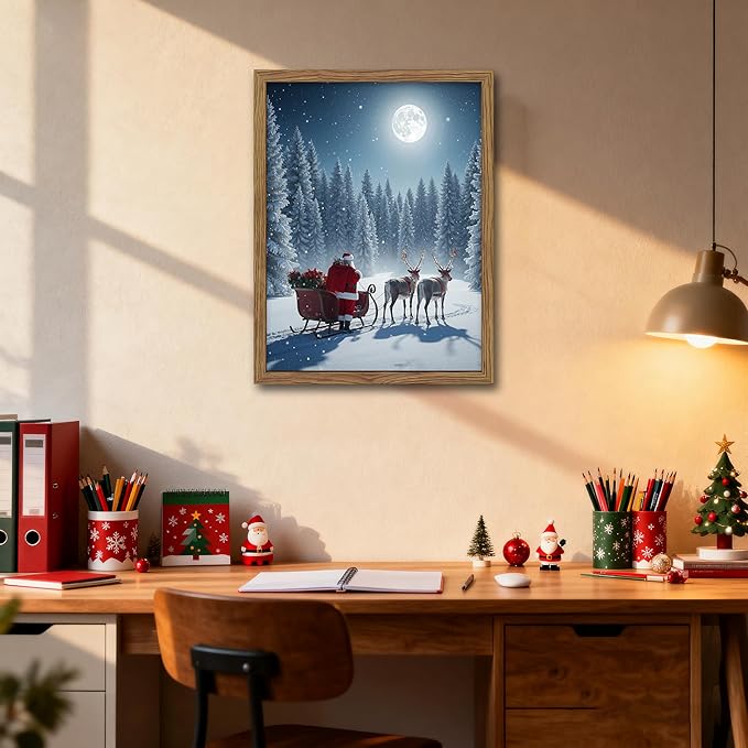 Framed Christmas Wall Decor, Santa Claus Delivering Christmas Gifts Canvas Prints Winter Holidays Pine Trees Wall Art Night Sky Reindeer Snow Scene Artwork for Living Room – 16x24in