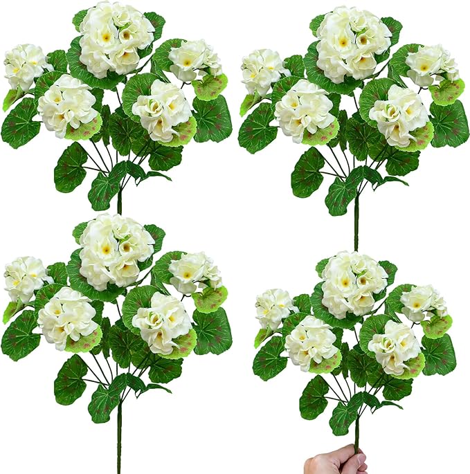 Artificial Geraniums Flowers for Outdoors Spring Decor, 4 Bundles UV Resistant Fake Geraniums Flowers Silk Faux Plants for Home Planter Gardens Table Patio Porch Indoor Cemetery Summer Decor(White)