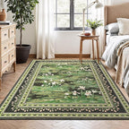 Lessymo Dark Green 5x7 Floral Rugs for Living Room, Soft Washable Area Rug Non-Slip for Dining Room, Impressionist-Style Vintage Carpet, Cottagecore Bedroom Nursery Office Decor