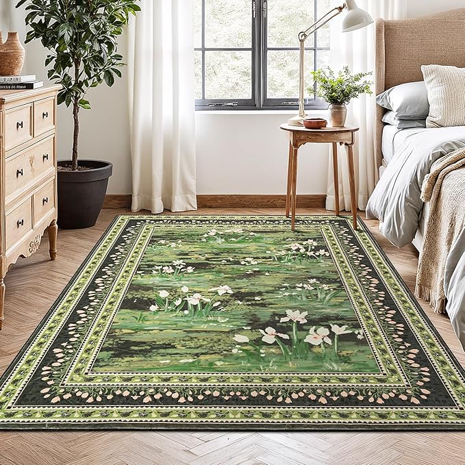 Lessymo Dark Green 5x7 Floral Rugs for Living Room, Soft Washable Area Rug Non-Slip for Dining Room, Impressionist-Style Vintage Carpet, Cottagecore Bedroom Nursery Office Decor