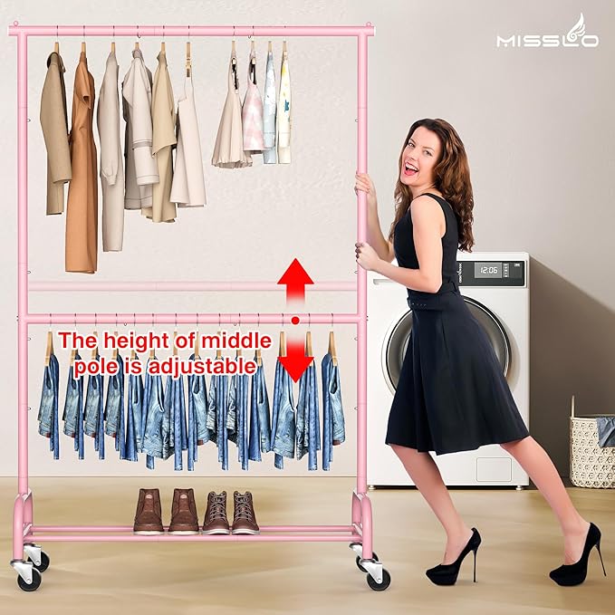 MISSLO Heavy Duty Clothing Racks for Hanging Clothes Rack Double Rod Garment Rack Rolling Closet Wardrobe Rack on Wheels, Metal, Adjustable (Pink)