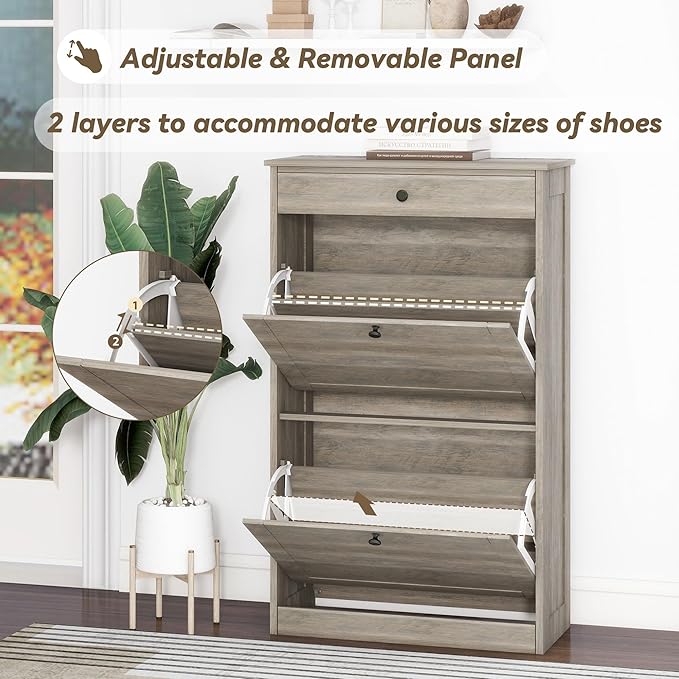 Shoe Cabinet with 2 Flip Drawers, Narrow Freestanding Shoe Storage Organizer, Slim Wooden Hidden Shoe Rack for Front Door Entrance, Closet, Hallway, Living Room, Rustic Gray
