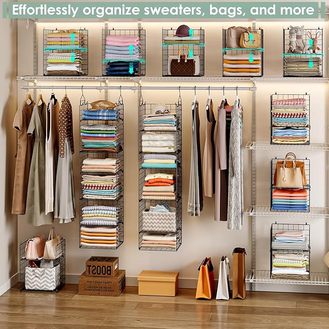 6-Tier Closet Hanging Organizer Shelves, Hanging Closet Organizer and Storage Bin with Adjustable Dividers, Metal & Foldable Closet Hanging Organizers and Storage for Clothes Sweaters Shoes Handbags