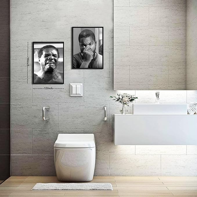 Funny Bathroom Canvas Wall Art Set of 2 - Black Floating Frame Black and White Vintage Comedy Movies Posters, Funny Toilet Humour Smell Wall Decor Prints for Bathroom Decor 12x16 in