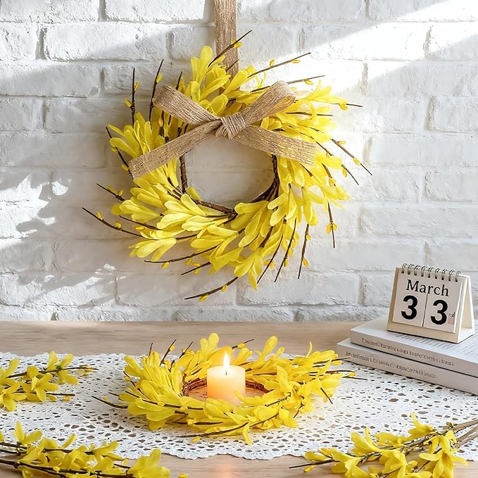 6 PCS 9'' Mini Spring Forsythia Wreath for Front Door Small Artificial Forsythia Farmhouse Kitchen Cabinet Wreaths with Burlap Ribbon Hanging Spring Summer Floral Wreaths for Porch Wall Window Decor