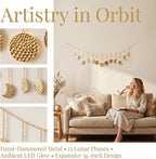 Boho Moon Phase Wall Hanging, Gold Hammered Metal LED Celestial Garland for Bedroom Witchy Home Christmas Decor