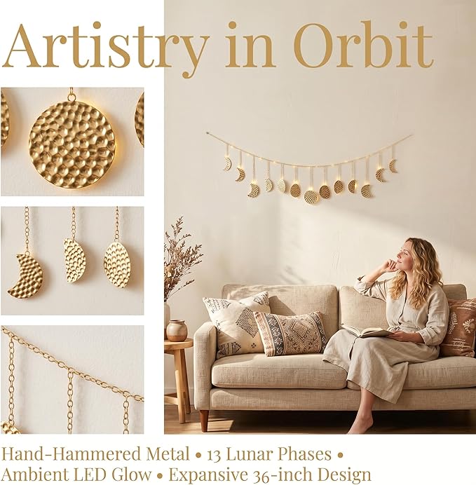 Boho Moon Phase Wall Hanging, Gold Hammered Metal LED Celestial Garland for Bedroom Witchy Home Christmas Decor