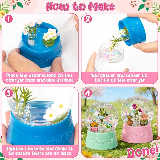 Spring Summer Snow Globes Craft Kit - 8 Set DIY Plastic Snow Globe Craft with Mini Resin Tulips, Make Your Own Graduation Party Decor with Glitter for Art Activity Gifts (Flowers)