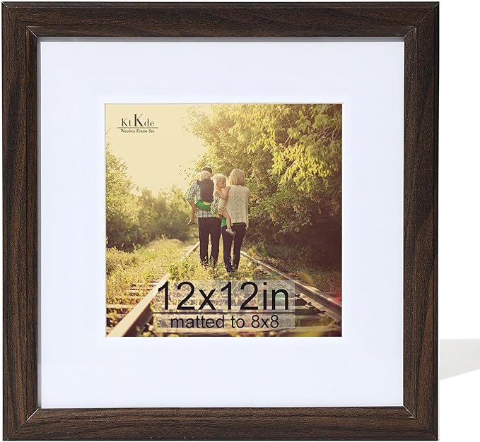 KTKDE 12x12 Picture Frame Real Glass, Display Pictures 8x8 with Mat or 12x12 Without Mat, Modern Style Wood Composite Frame,Gallery Wall Frame Wooden Walnut ，best gift