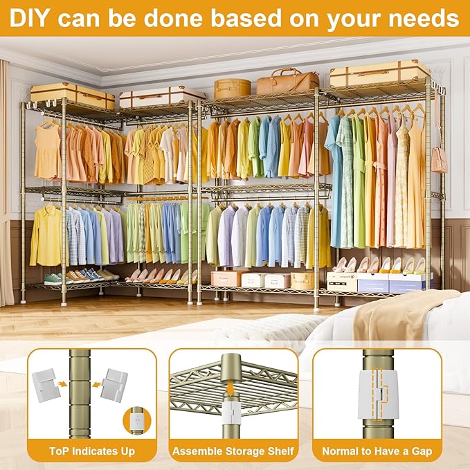 E15 Garment Rack L Shaped Clothes Rack for Corner，Freestanding Clothing Racks for Hanging Clothes，Heavy Duty Closet Organizer with 4 Hanging Rods & 8 S Hooks，43.4" W x 15.8" D x 78.4" H，Gold