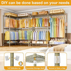 E15 Garment Rack L Shaped Clothes Rack for Corner，Freestanding Clothing Racks for Hanging Clothes，Heavy Duty Closet Organizer with 4 Hanging Rods & 8 S Hooks，43.4" W x 15.8" D x 78.4" H，Gold