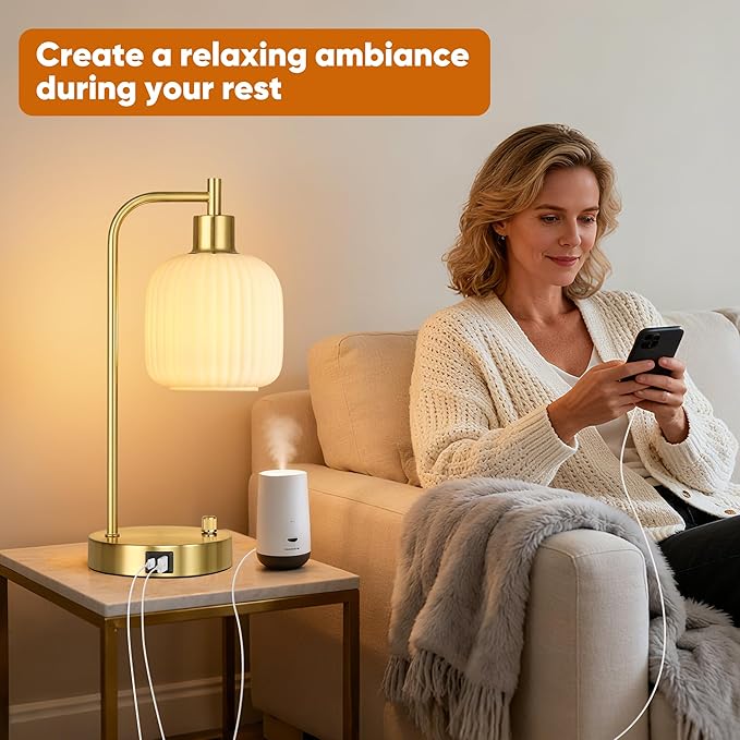 QiMH Industrial Table Lamp for Bedroom Set of 2, Cream Glass Beside Lamp with USB A&C Ports, Stepless Dimmable Gold Lamps, Nightstand Lamps for Living Room, Office, Home Decor(Bulb Included)