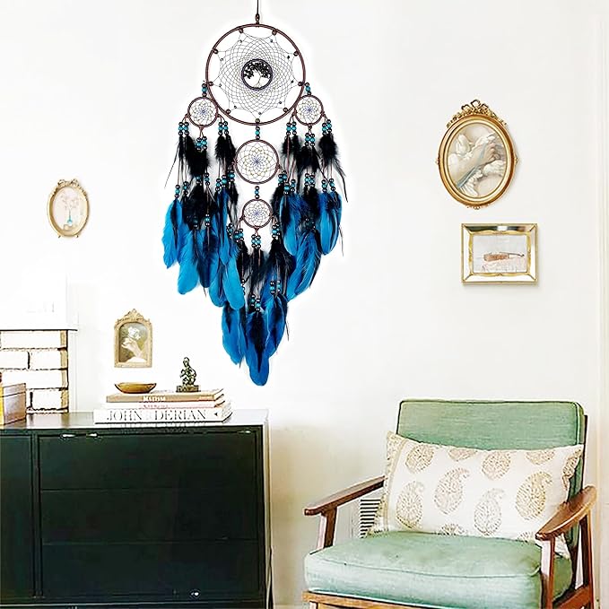 Large Dream Catchers, Boho Handmade Woven Blue and Black Dream Catcher Wall Hanging Ornament for Bedroom Living Room Adults Wedding Party Decor, Festival Blessing Gift (Blue & Black)