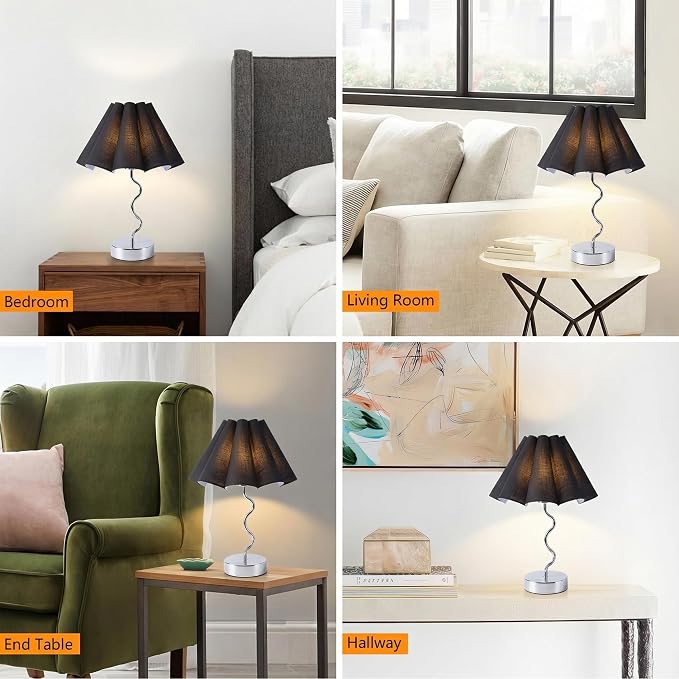 EOEYYOYB Pleated Table Lamp, Table Lamp for Bedroom, Bedside Lamps for Nightstand with Linen Lampshade, Modern Lamp for Bedroom Home Office Decor, Chrome