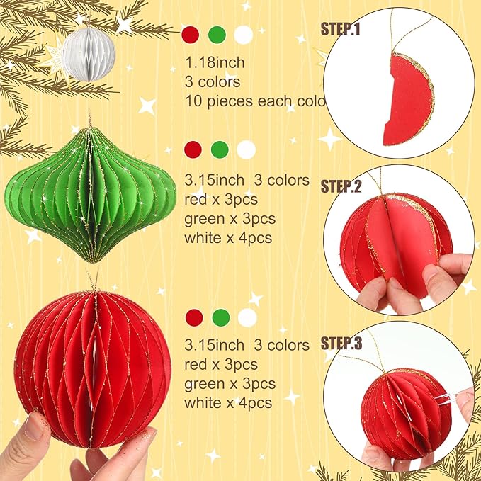TecUnite 50 Pcs Christmas Paper Honeycomb Ornaments for Tree Vintage 3D Mini Glitter Edge Paper Christmas Ornament Honeycomb Tree Hanging Neutral Boho Holiday Xmas Party Decoration(Red White Green)