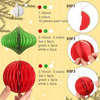 TecUnite 50 Pcs Christmas Paper Honeycomb Ornaments for Tree Vintage 3D Mini Glitter Edge Paper Christmas Ornament Honeycomb Tree Hanging Neutral Boho Holiday Xmas Party Decoration(Red White Green)