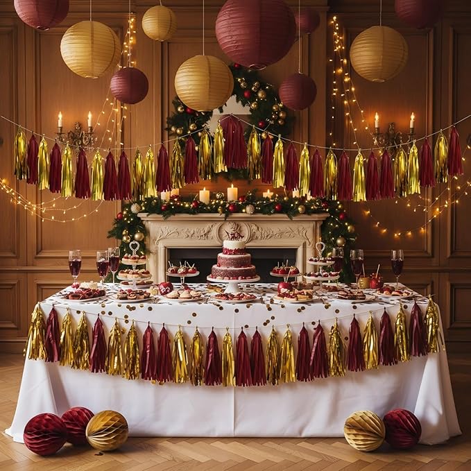 20Pcs Burgundy and Glod Paper Tassel Garland,Maroon and Glod Tissue Tassel Banner for Party Decorations