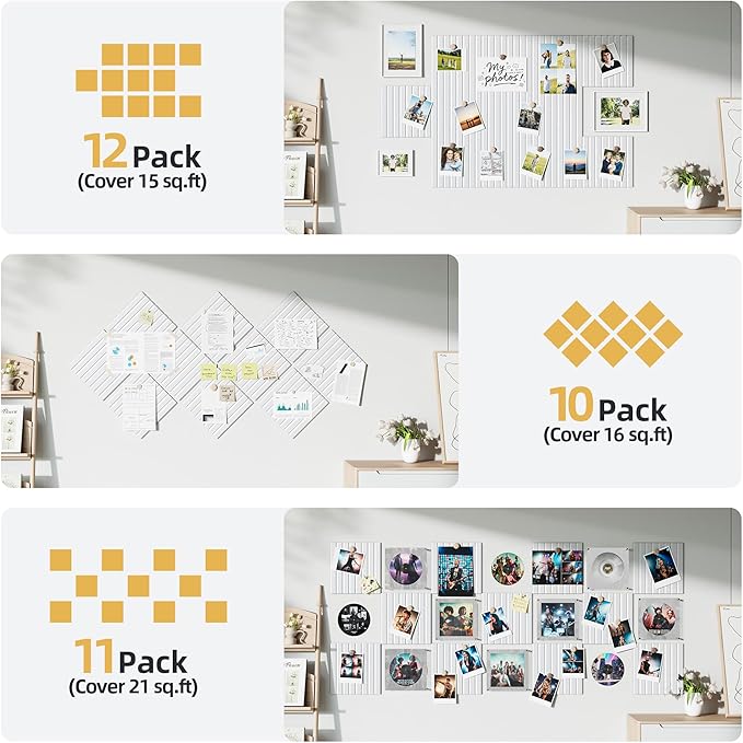 Large Cork Board for Wall 36" x 48" White Bulletin Board with Safe Removable Adhesive Squares for Pictures Photos, Alternative CorkBoard Felt Pin Boards Tiles for Office Classroom Wall Decor - 12 Pack