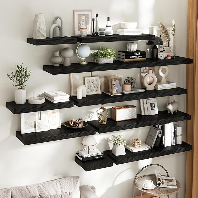 48 Inch Long Floating Shelves for Wall Set of 2, 12"D Wood Grain Bathroom Shelves with Invisible Brackets, Easy Install Engineered Wood Storage Shelves for Kitchen, Living Room, Bedroom, Black Finish