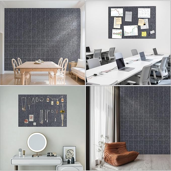 Large Felt Cork Board Alternative - 36" x 24" Bulletin Board with 30 Pushpins, 6 Pack Adhesive Cork Board, Sound Absorbing Fabric Wall Tiles, for Office Home Music Class, Dark Gray