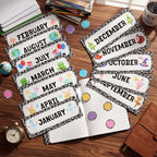 Zonon 48 Pcs Months of the Year Bulletin Board Set 12 Monthly Headliners Holiday Seasonal Monthly Bulletin Board Borders with 36 Round Blank Confetti Cutouts for Classroom (Trendy Style)