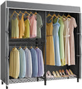 VIPEK V4C Garment Rack with Cover, Heavy Duty Portable Closet Adjustable Metal Clothing Rack for Hanging Clothes with Hanging Rods & Side Hooks, Max Load 810lbs, Black Rack with Grey Cover