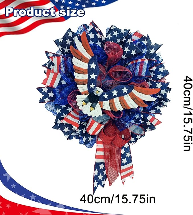 Patriotic Wreath for Front Door Red White Blue Wreath 4th of July Wreaths for Door Wall Memorial Day Decor Independence Day Hanging Decoration for Outside Home Farmhouse Holiday (Eagle)