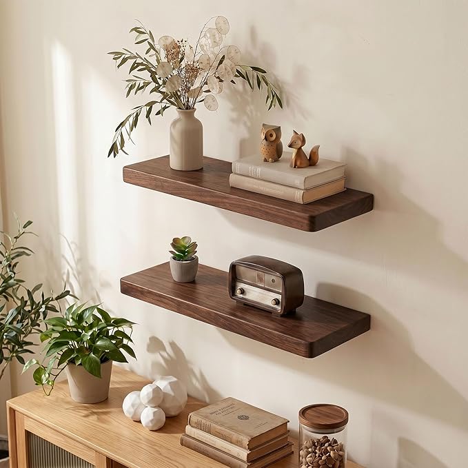 24 Inch Floating Shelves, Solid Wood Wall Shelves, 8 Inch Deep Floating Shelf – for Bathroom, Bedroom, Living Room, Kitchen, Home Decor & Storage, Heavy-Duty Wooden Shelf Wall-Mounted, Set of 2