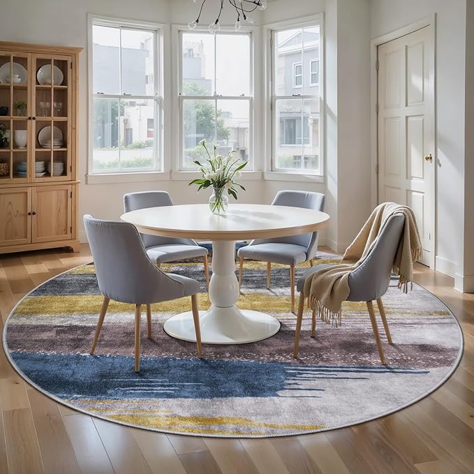 Ciicool 6ft Round Washable Rug, Modern Abstract Circle Rugs, Non-Slip Thin Lightweight Rug Yellow Brown Circular Print Distressed Carpet for Bedroom Living Room Under Dining Table Home Office Decor