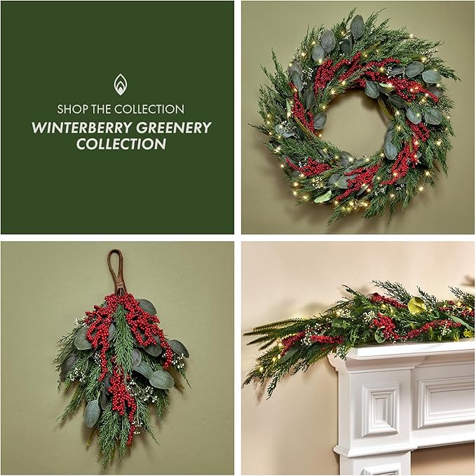 LampLust Swag for Front Door, 18 Inch Greenery with Eucalyptus and Red Berry, Teardrop Swag for Decorating, Indoor Hanging Decor for Entryways, Door or Stairways, Spring Decor, Table Centerpiece