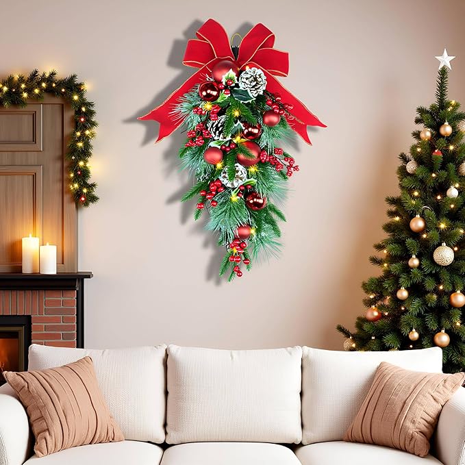 24" Pre-lit Decorative Teardrop Swag, Battery Operated Christmas Swag with Fairy Lights, Red Bowknot & Baubles, Pine Cones, Red Berries, Green Leaves Holly, Spruce Branches, Pine Needles