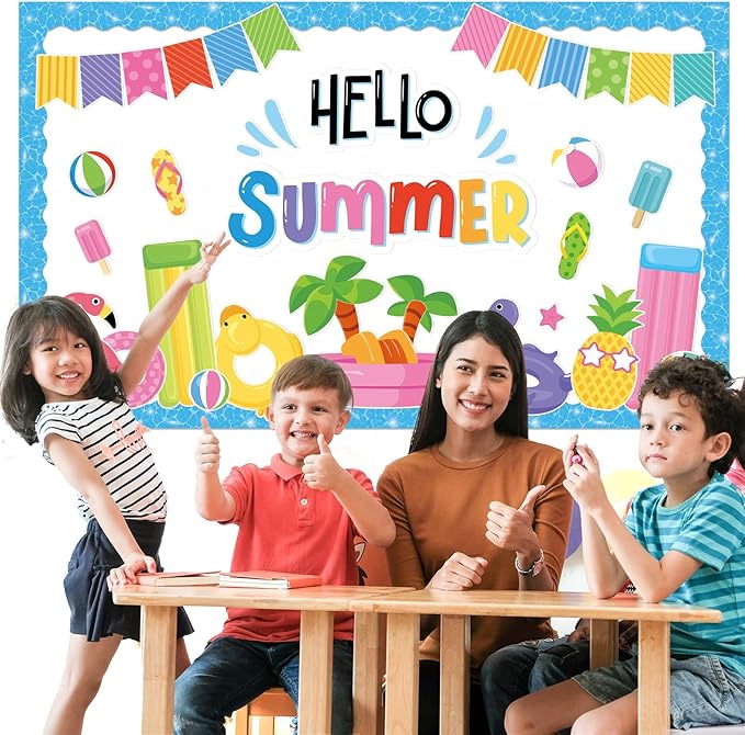 Justforjoyful Hello Summer Bulletin Board Decorations Summer Pool Classroom Bulletin Board Border Hawaiian Beach Paper Cutouts for Classroom Window Wall Home Office School Party Decor