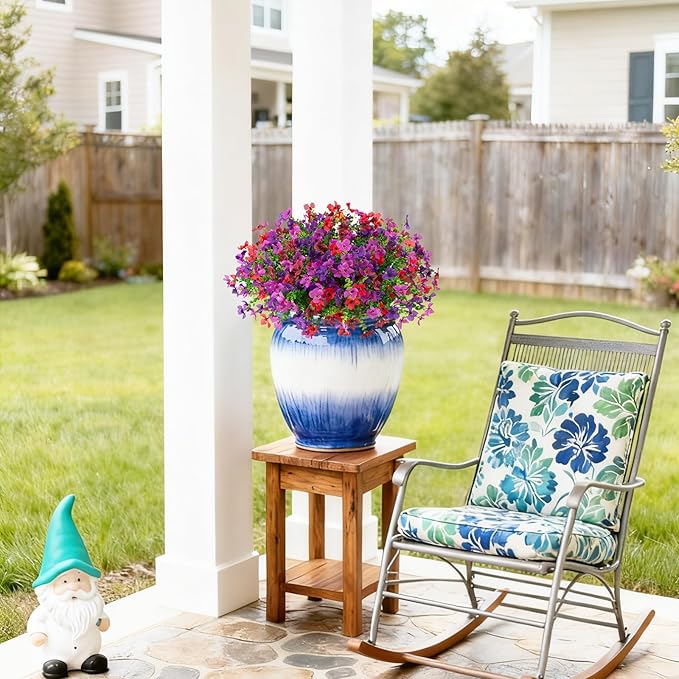 Artificial Flowers for Outdoors Spring Summer Decoration, 12 Bundles Fake Silk Colorful Daisy Eucalyptus Realistic UV Resistant for Outside Home Planter Porch Yard Decor (Purple Red Brown)