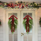 nuvagiki Christmas Teardrop Swag Decorations, 24'' Christmas Teardrop Wreath Artificial Pine Needle Berries Hanging Decor, Red Velvet Bow Swag Decorations for Front Door Mantle Wall Indoor Home Decor