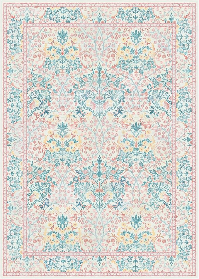 Lessymo 9x12 Washable Rug for Living Room, Soft Pink Area Rugs for Bedroom Dining Room Nursery, Boho Non Slip Forest Design Large Carpet Distressed Retro Indoor, Pink Green