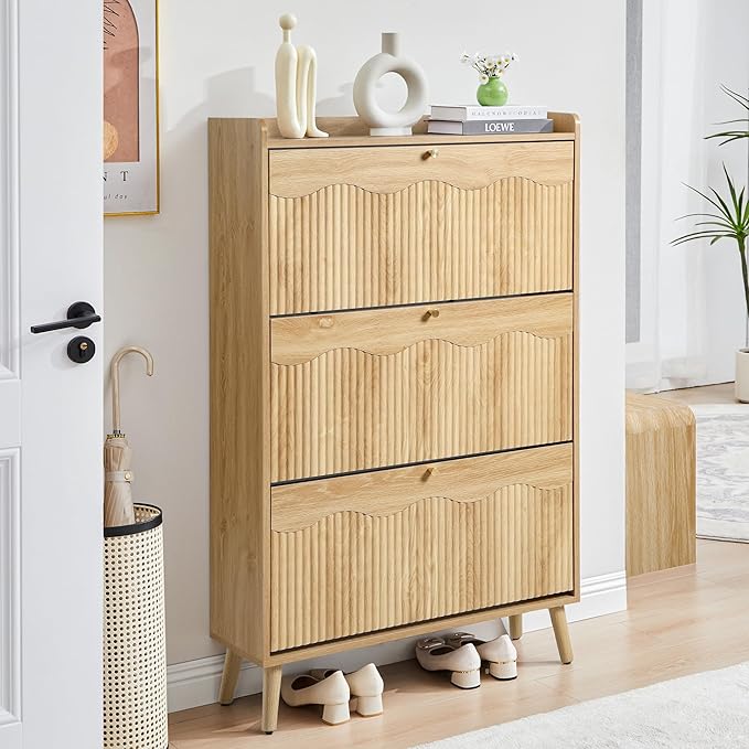 BERRYMERRY Shoe Storage Cabinet for Entryway with 3 Flip Drawers, 51.2” Tall Narrow Shoe Organizer with Wave Panel, Freestanding Wood Hidden Shoe Cabinet for Hallway