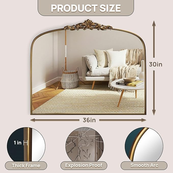 Vintage Gold Ornate Baroque Mirror - 36"X30" Arched Antique Brass Mirror with Full Metal Frame - Ideal for Entryway, Fireplace, Living Room, Hallway or Wall Decor (Upgrade Tempered Glass)