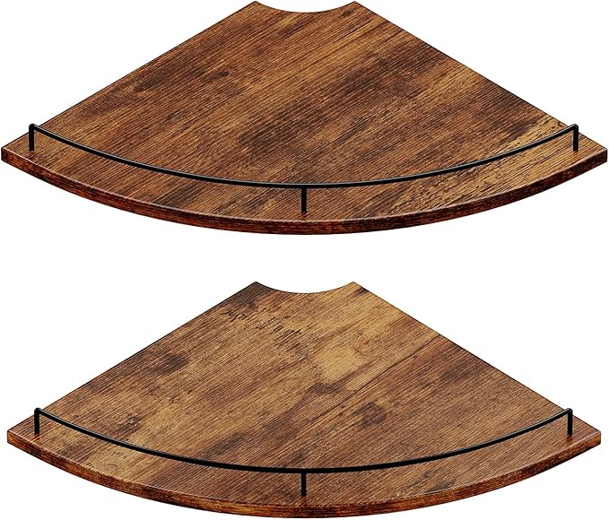 JJL Corner Shelf Wall Mounted, 12 Inches 2-Tier Floating Corner Shelf, Fan-Shaped Rustic Wood Decor with Fence, Brown Storage Organizer for Apartment Bedroom Kitchen Bathroom