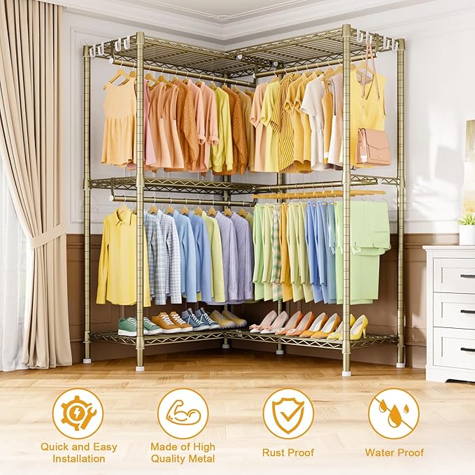 E15 Garment Rack L Shaped Clothes Rack for Corner，Freestanding Clothing Racks for Hanging Clothes，Heavy Duty Closet Organizer with 4 Hanging Rods & 8 S Hooks，43.4" W x 15.8" D x 78.4" H，Gold