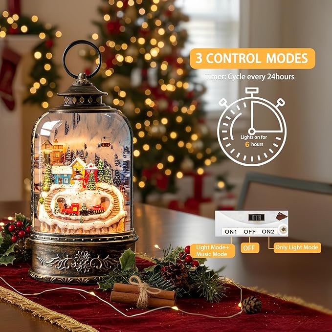 Christmas Snow Globe Lantern Water Glittering Snowman & Train with Music & Timer, USB Lined/Battery Operated Lighted Lantern for Christmas Festival Decoration Gifts