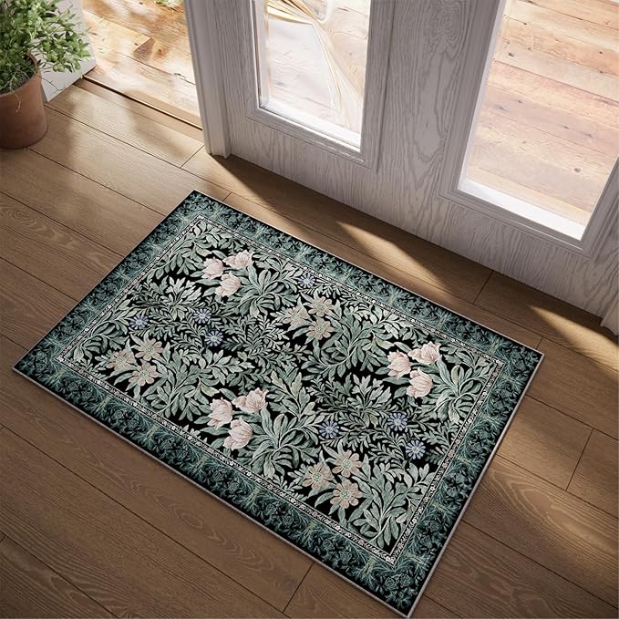 Washable Entryway Area Rugs 2x3 Black Green Vintage Floral Botanical Pattern,Perfect for Soft Door Mat Indoor Entrance, Ultra-Thin Easy Clean Small Throw Carpet for Bedroom Bathroom