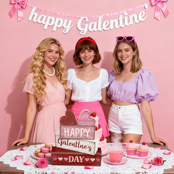 Yuntau 5 Pcs Happy Galentines Day Decorations Wooden Hearts Table Centerpiece Happy Galentines Day Party Table Sign for Valentines Tiered Tray Desk Mantle Shelf Decor