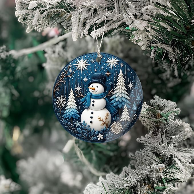 Warming Snowman Christmas Ornaments 2026, Blue & White Winter Forest Decoration for Holiday Tree Window Car, Snowman Decor for Home, Christmas Decorations, Winter Gifts for Friends Family Coworkers