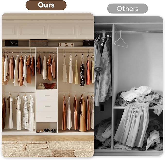 LINLUX 8FT Closet System 94'' Closet Organizer with 3 Drawers,4 Extendable Hanging Rods,Wood Closets Built In System Tower with Adjustable Shelves,Walk-in Closets Wardrobe Clothes Garment Rack(White)