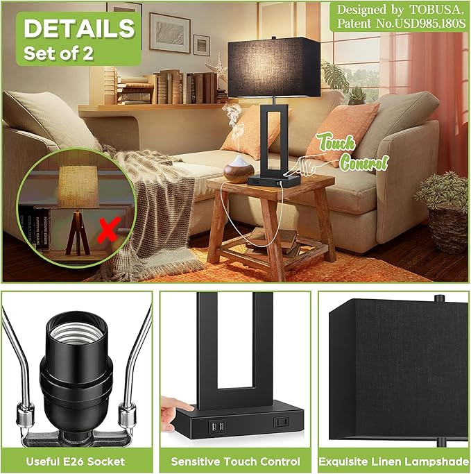 Set of 2 Touch Control Table Lamps with 2 USB Ports&AC Outlet, 3-Way Dimmable Modern Nightstand Lamp Sets, Bedside Black Lamps for Bedroom Living Room End Tables Reading, Bulbs Included, Black Shade