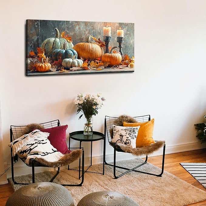 Pumpkin Wall Art Fall Kitchen Wall Decor Farmhouse Halloween Pictures Autumn Maple Leaves Canvas Prints Orange Pumpkins Painting Thanksgiving Artwork for Dining Room Bedroom Home Decoration 20x40"