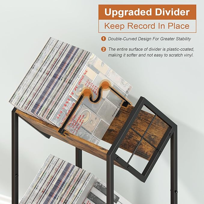 RUILALIFE 2-Tier-Vinyl-Record-Storage-Holder With Dividers, Metal Album storage for vinyl records display Shelf, Vintage 160-200 LP Storage Shelf Stand