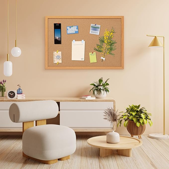 Cork Board Bulletin Board 20" x 30", Wood Framed Corkboards for Wall Decor, Hanging Office Message Board, Large Wall Mounted Notice Pin Board with 15 Push Pins for School, Home & Office