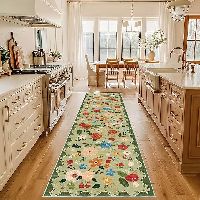 U'Artlines 2'6" x 10' Boho Runner Rug for Hallways Kitchen Colorful Floral Soft Non Slip Washable Floor Carpet Runners for Entryway Laundry Room Bathroom Green